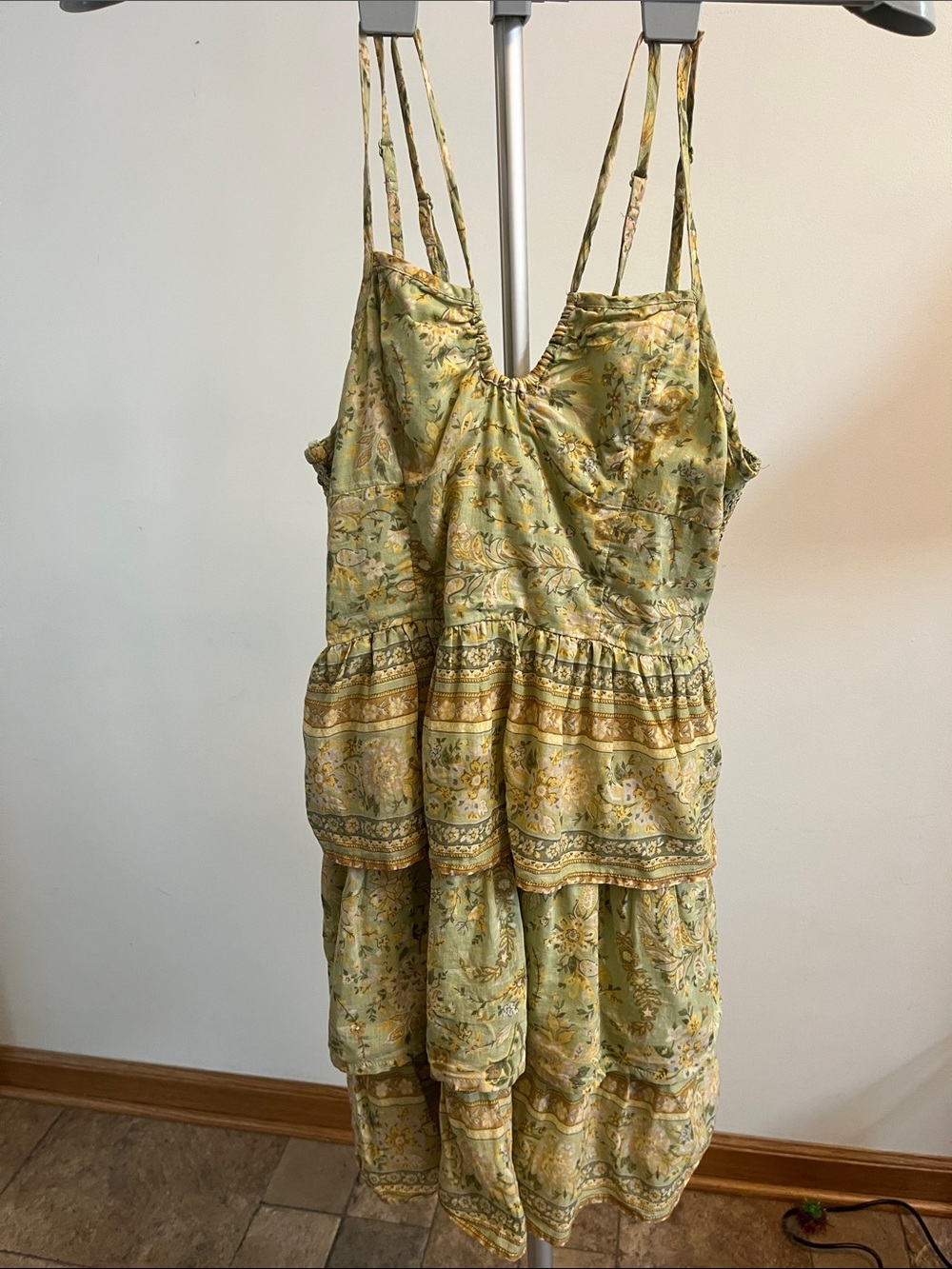 American Eagle Light Green, Yellow, Tan Floral Tiered and Smocked Top/Dress